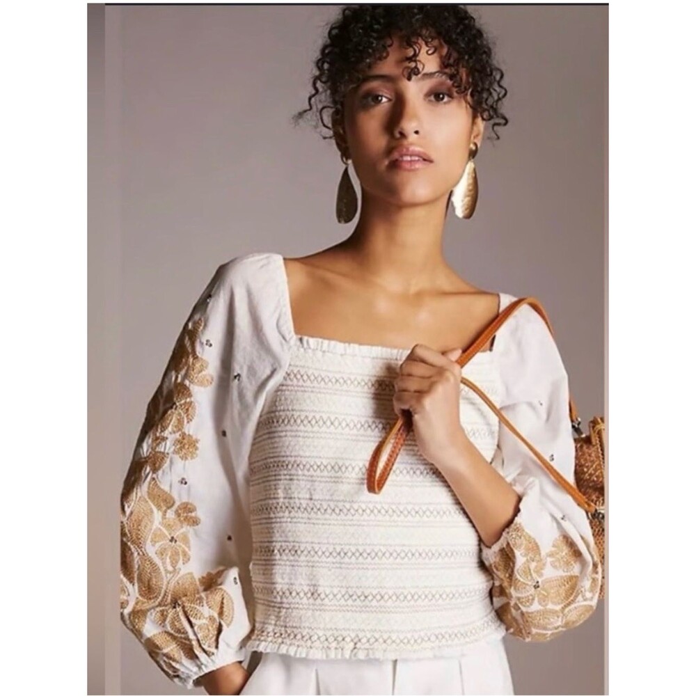 Anthropologie Smocked Embroidered Puff Sleeve Square Neck Top Peasant Blouse